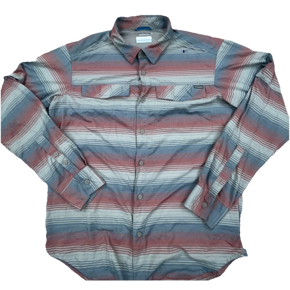 Columbia Shirt Men Large Gray Striped Button Up Camp Omni Shade Performance
